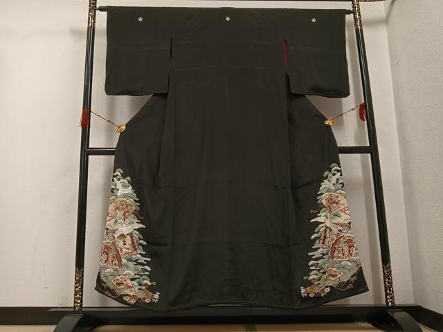 平和屋着物●アンティーク　大正ロマン　黒留袖　駒刺繍　飛鶴檜扇御所車草花文　金彩　正絹　逸品　AABH0423ph