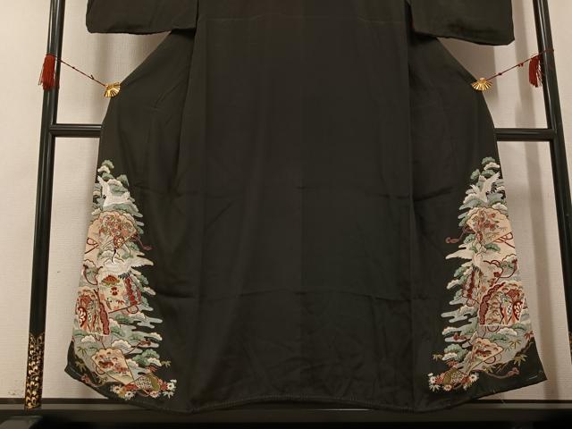 平和屋着物●アンティーク　大正ロマン　黒留袖　駒刺繍　飛鶴檜扇御所車草花文　金彩　正絹　逸品　AABH0423ph