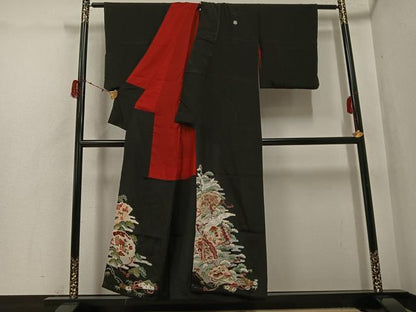 平和屋着物●アンティーク　大正ロマン　黒留袖　駒刺繍　飛鶴檜扇御所車草花文　金彩　正絹　逸品　AABH0423ph