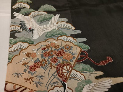 平和屋着物●アンティーク　大正ロマン　黒留袖　駒刺繍　飛鶴檜扇御所車草花文　金彩　正絹　逸品　AABH0423ph