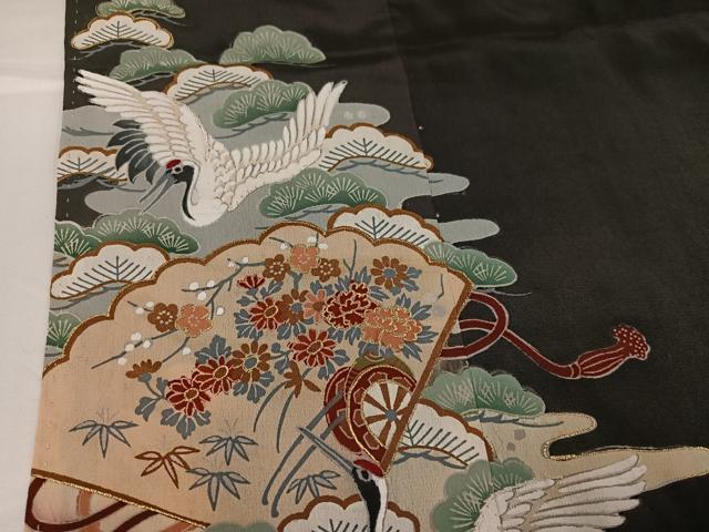 平和屋着物●アンティーク　大正ロマン　黒留袖　駒刺繍　飛鶴檜扇御所車草花文　金彩　正絹　逸品　AABH0423ph