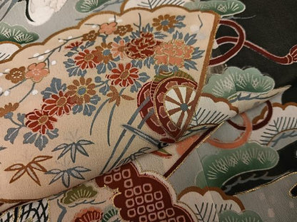 平和屋着物●アンティーク　大正ロマン　黒留袖　駒刺繍　飛鶴檜扇御所車草花文　金彩　正絹　逸品　AABH0423ph