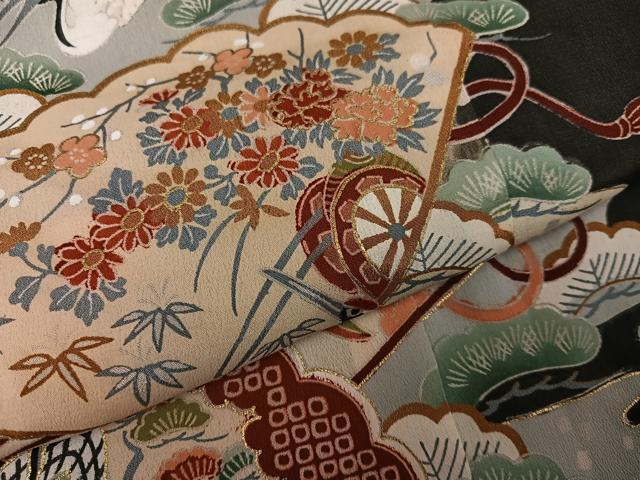 平和屋着物●アンティーク　大正ロマン　黒留袖　駒刺繍　飛鶴檜扇御所車草花文　金彩　正絹　逸品　AABH0423ph