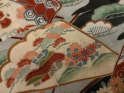 平和屋着物●アンティーク　大正ロマン　黒留袖　駒刺繍　飛鶴檜扇御所車草花文　金彩　正絹　逸品　AABH0423ph