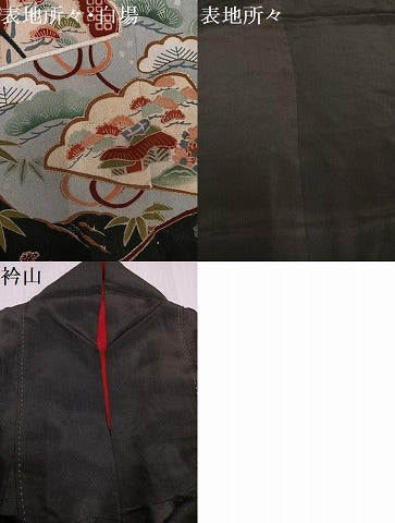 平和屋着物●アンティーク　大正ロマン　黒留袖　駒刺繍　飛鶴檜扇御所車草花文　金彩　正絹　逸品　AABH0423ph