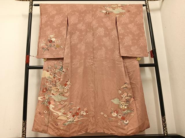 平和屋着物●アンティーク　大正ロマン　訪問着　友禅　駒刺繍　松竹梅風景文　金彩　正絹　逸品　AABH0425ph