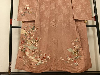 平和屋着物●アンティーク　大正ロマン　訪問着　友禅　駒刺繍　松竹梅風景文　金彩　正絹　逸品　AABH0425ph