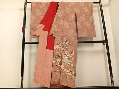 平和屋着物●アンティーク　大正ロマン　訪問着　友禅　駒刺繍　松竹梅風景文　金彩　正絹　逸品　AABH0425ph