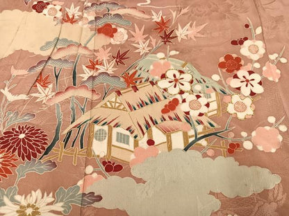 平和屋着物●アンティーク　大正ロマン　訪問着　友禅　駒刺繍　松竹梅風景文　金彩　正絹　逸品　AABH0425ph