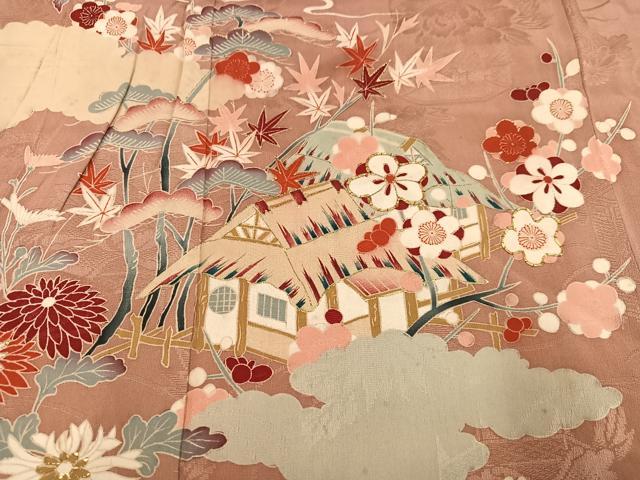 平和屋着物●アンティーク　大正ロマン　訪問着　友禅　駒刺繍　松竹梅風景文　金彩　正絹　逸品　AABH0425ph