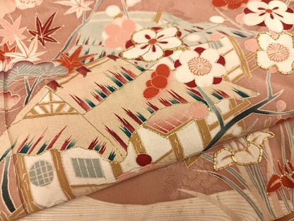 平和屋着物●アンティーク　大正ロマン　訪問着　友禅　駒刺繍　松竹梅風景文　金彩　正絹　逸品　AABH0425ph