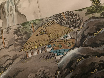 平和屋着物●男性　長襦袢　袷　手描き　風景樹林文　暈し染め　金彩　正絹　逸品　AABH0428ph