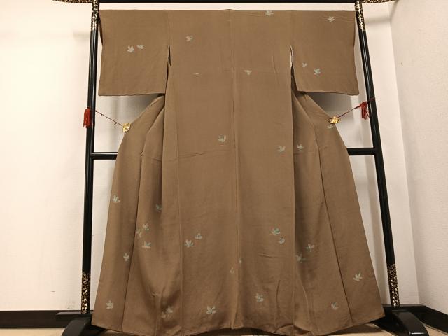 平和屋着物●上質な小紋　松葉　朽葉色　鬼しぼ縮緬　高島屋扱い　正絹　逸品　AABH0429ph