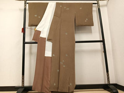 平和屋着物●上質な小紋　松葉　朽葉色　鬼しぼ縮緬　高島屋扱い　正絹　逸品　AABH0429ph
