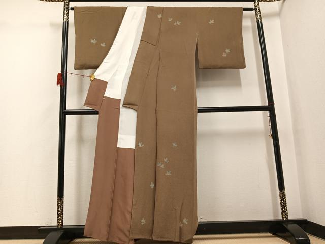 平和屋着物●上質な小紋　松葉　朽葉色　鬼しぼ縮緬　高島屋扱い　正絹　逸品　AABH0429ph
