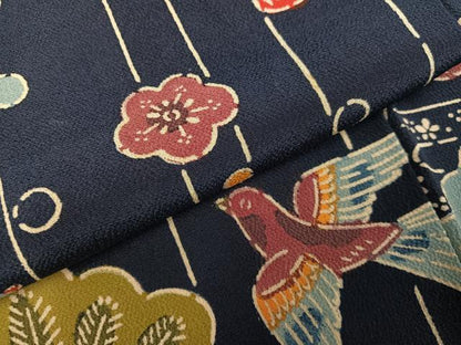 平和屋着物●上質な小紋　紅型　花鳥文　鬼しぼ縮緬　正絹　逸品　AABH0431ph