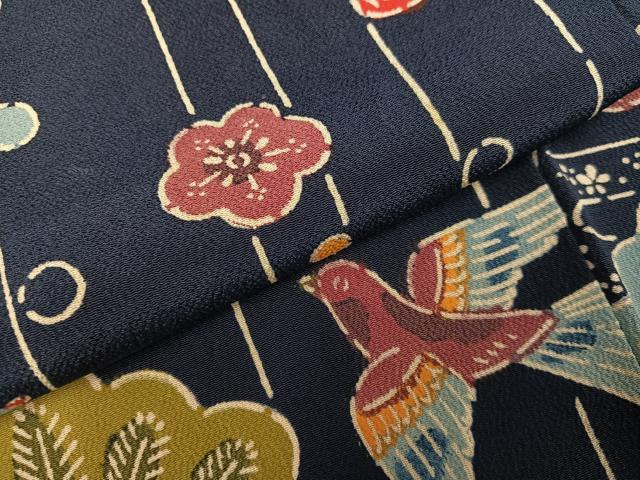 平和屋着物●上質な小紋　紅型　花鳥文　鬼しぼ縮緬　正絹　逸品　AABH0431ph