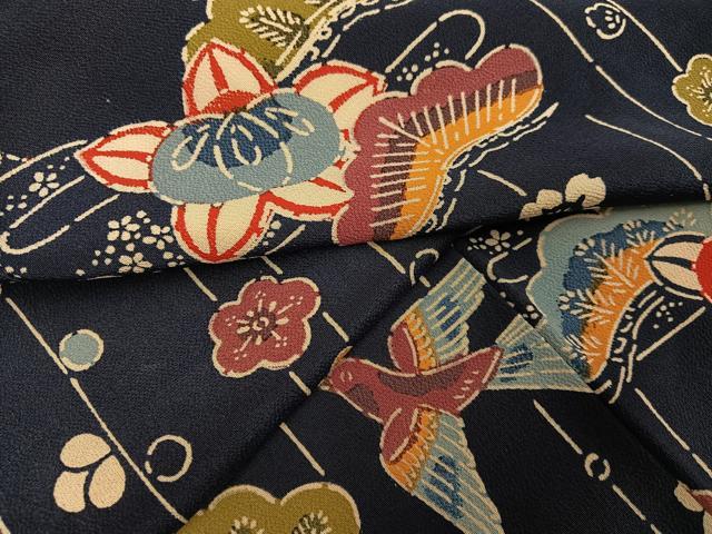 平和屋着物●上質な小紋　紅型　花鳥文　鬼しぼ縮緬　正絹　逸品　AABH0431ph