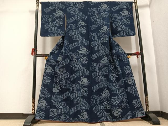 平和屋着物●久留米絣　単衣　うさぎ　兎　綿　逸品　未使用　AABH0443ph