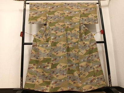 平和屋着物●上質な小紋　型染め　草花舞蝶文　鬼しぼ縮緬　三越扱い　正絹　逸品　AABH0445ph