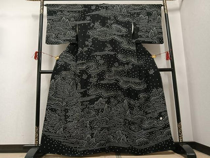平和屋着物●訪問着　絞り　風景草木文　黒地　正絹　逸品　AABH0448ph
