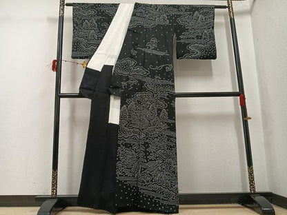 平和屋着物●訪問着　絞り　風景草木文　黒地　正絹　逸品　AABH0448ph