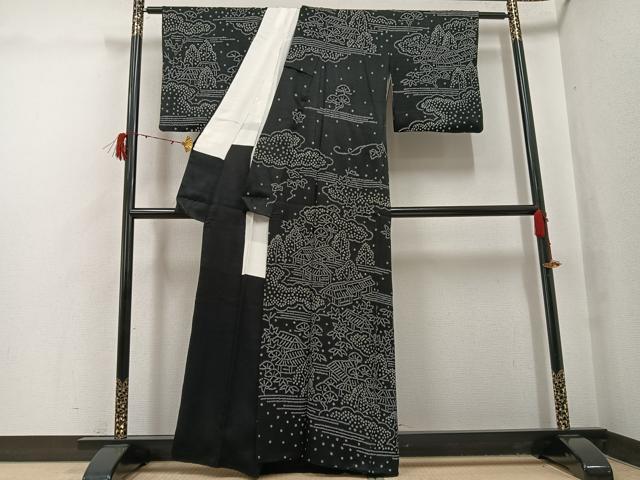 平和屋着物●訪問着　絞り　風景草木文　黒地　正絹　逸品　AABH0448ph