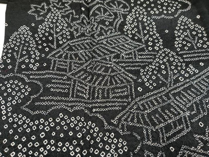平和屋着物●訪問着　絞り　風景草木文　黒地　正絹　逸品　AABH0448ph