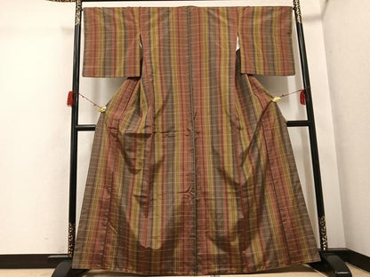 平和屋着物●上質な紬　格子　琉球絣文様　正絹　逸品　AABH0450ph