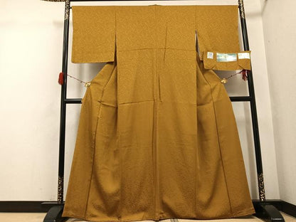 平和屋着物●上質な色無地　堅牢染　黄土色　反端付き　正絹　逸品　未使用　AABH0451ph