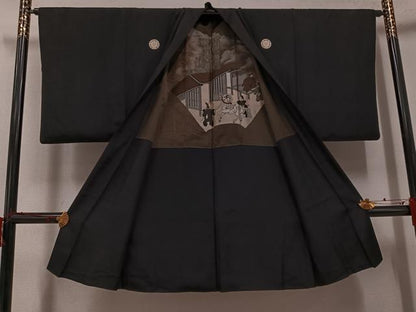 平和屋着物●男性　黒紋付・羽織セット　正絹　逸品　AABH0452ph