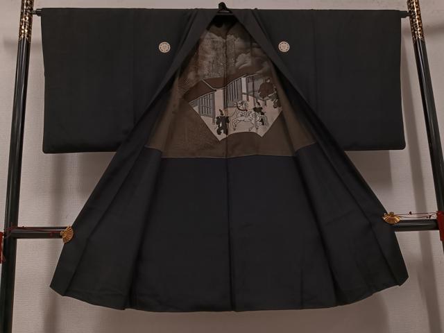 平和屋着物●男性　黒紋付・羽織セット　正絹　逸品　AABH0452ph