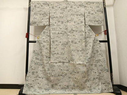 平和屋着物●本場結城紬　重要無形文化財　絵絣　渡り橋風景人物文　ロング丈　正絹　逸品　未使用　AABH0453ph