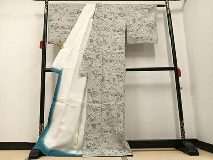 平和屋着物●本場結城紬　重要無形文化財　絵絣　渡り橋風景人物文　ロング丈　正絹　逸品　未使用　AABH0453ph