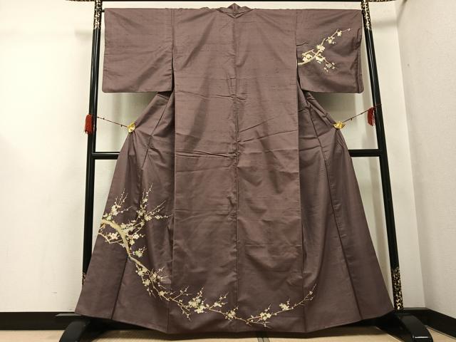 平和屋着物●訪問着　紬地　枝梅文　金銀糸　正絹　逸品　AABH0455ph