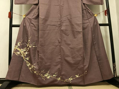 平和屋着物●訪問着　紬地　枝梅文　金銀糸　正絹　逸品　AABH0455ph