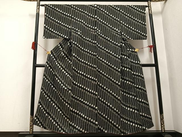 平和屋着物●上質な小紋　絞り　斜縞　黒地　正絹　逸品　未使用　AABH0465ph