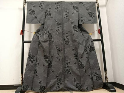 平和屋着物●お召　薔薇　バラ　正絹　逸品　未使用　AABH0472ph