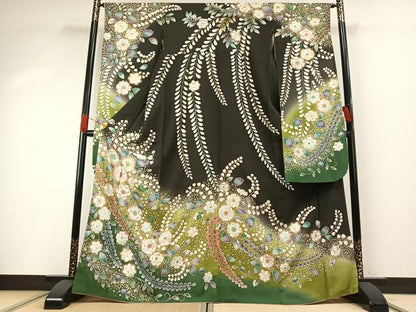 平和屋着物●豪華振袖　駒刺繍　辻が花　暈し染め　黒地　金彩　正絹　逸品　AABH0483fy