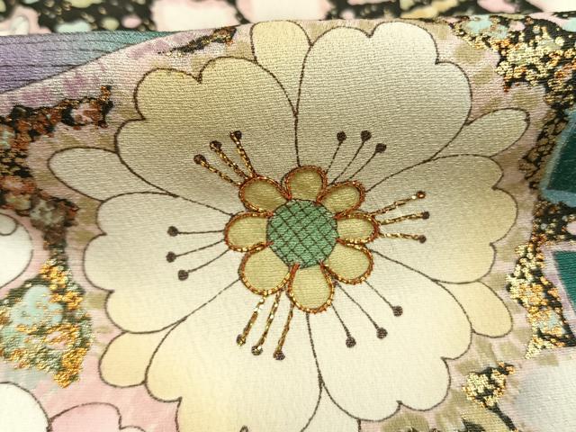 平和屋着物●豪華振袖　駒刺繍　辻が花　暈し染め　黒地　金彩　正絹　逸品　AABH0483fy