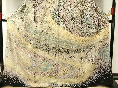 平和屋着物●訪問着　中国三大刺繍　相良刺繍　重ね絞り　流水花文　暈し染め　銀通し地　正絹　逸品　AABH0494fy