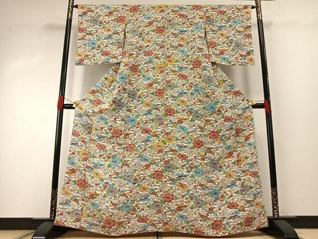 平和屋着物●上質な小紋　型染め　草花文　正絹　逸品　AABH0503fy