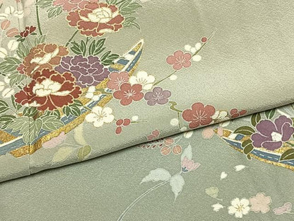 平和屋着物●訪問着　友禅　草花文　暈し染め　金彩　正絹　逸品　AABH0519fy