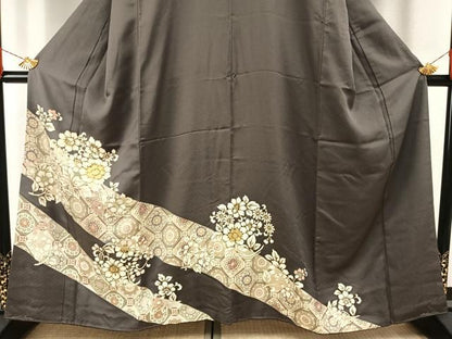 平和屋着物●豪華色留袖　駒刺繍　草花文　金彩　正絹　逸品　AABH0528fy