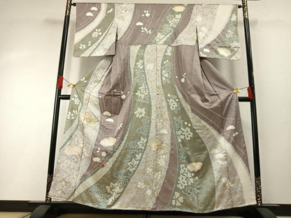 平和屋着物●訪問着　絞り　刺繍　地紙草花文　金糸　金彩　正絹　逸品　AABH0544fy