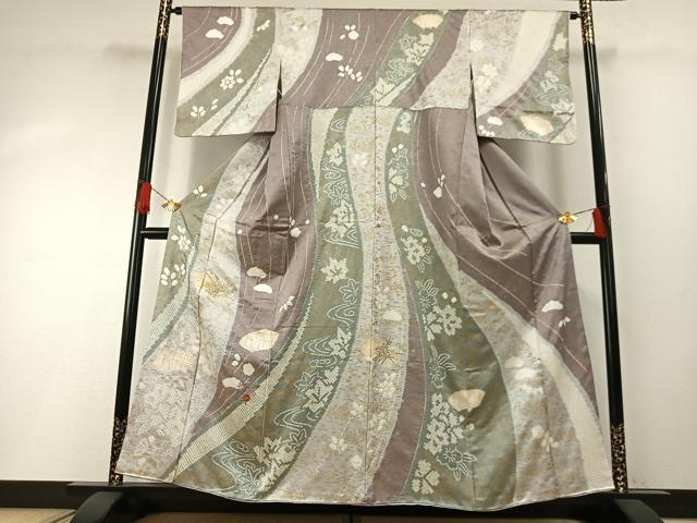 平和屋着物●訪問着　絞り　刺繍　地紙草花文　金糸　金彩　正絹　逸品　AABH0544fy