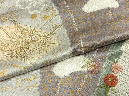 平和屋着物●訪問着　絞り　刺繍　地紙草花文　金糸　金彩　正絹　逸品　AABH0544fy