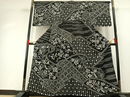 平和屋着物●訪問着　総絞り　草花文　黒地　正絹　逸品　AABH0548fy