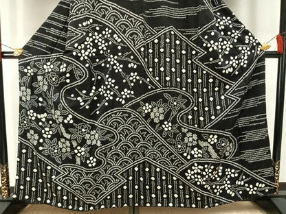 平和屋着物●訪問着　総絞り　草花文　黒地　正絹　逸品　AABH0548fy