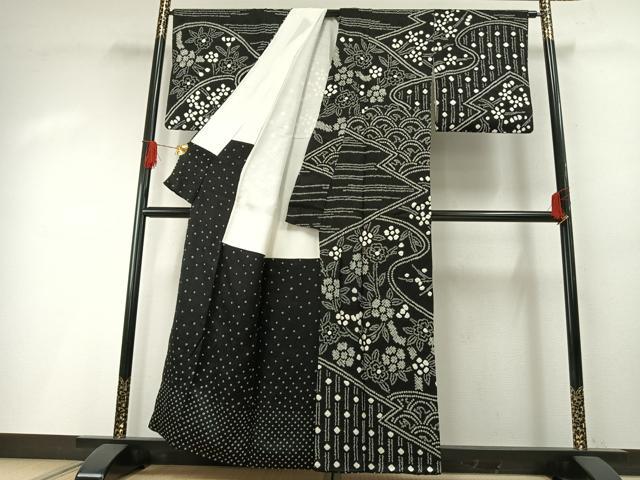 平和屋着物●訪問着　総絞り　草花文　黒地　正絹　逸品　AABH0548fy